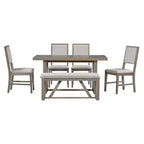 Set da pranzo rustico da 6 pezzi per 5 persone, set tavolo rettangolare con base a trapezio e 4 sedie imbottite e panca per sala da pranzo
