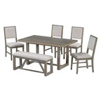 Set da pranzo rustico da 6 pezzi per 5 persone, set tavolo rettangolare con base a trapezio e 4 sedie imbottite e panca per sala da pranzo