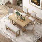 Set da pranzo rustico da 6 pezzi per 5 persone, set tavolo rettangolare con base a trapezio e 4 sedie imbottite e panca per sala da pranzo