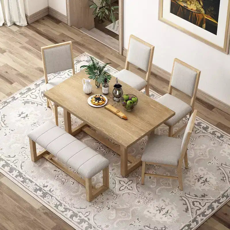 Set da pranzo rustico da 6 pezzi per 5 persone, set tavolo rettangolare con base a trapezio e 4 sedie imbottite e panca per sala da pranzo