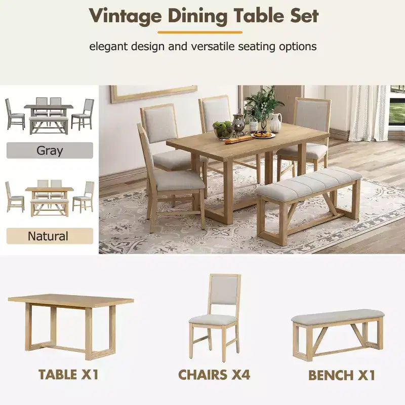 Set da pranzo rustico da 6 pezzi per 5 persone, set tavolo rettangolare con base a trapezio e 4 sedie imbottite e panca per sala da pranzo