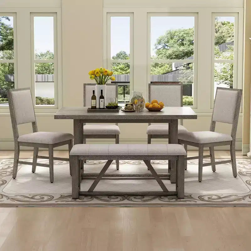 Set da pranzo rustico da 6 pezzi per 5 persone, set tavolo rettangolare con base a trapezio e 4 sedie imbottite e panca per sala da pranzo