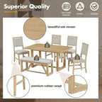 Set da pranzo rustico da 6 pezzi per 5 persone, set tavolo rettangolare con base a trapezio e 4 sedie imbottite e panca per sala da pranzo