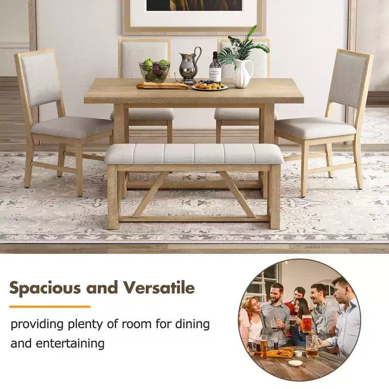 Set da pranzo rustico da 6 pezzi per 5 persone, set tavolo rettangolare con base a trapezio e 4 sedie imbottite e panca per sala da pranzo