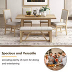 Set da pranzo rustico da 6 pezzi per 5 persone, set tavolo rettangolare con base a trapezio e 4 sedie imbottite e panca per sala da pranzo