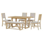 Set da pranzo rustico da 6 pezzi per 5 persone, set tavolo rettangolare con base a trapezio e 4 sedie imbottite e panca per sala da pranzo