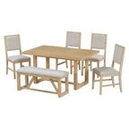 Set da pranzo rustico da 6 pezzi per 5 persone, set tavolo rettangolare con base a trapezio e 4 sedie imbottite e panca per sala da pranzo