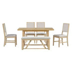 Set da pranzo rustico da 6 pezzi per 5 persone, set tavolo rettangolare con base a trapezio e 4 sedie imbottite e panca per sala da pranzo