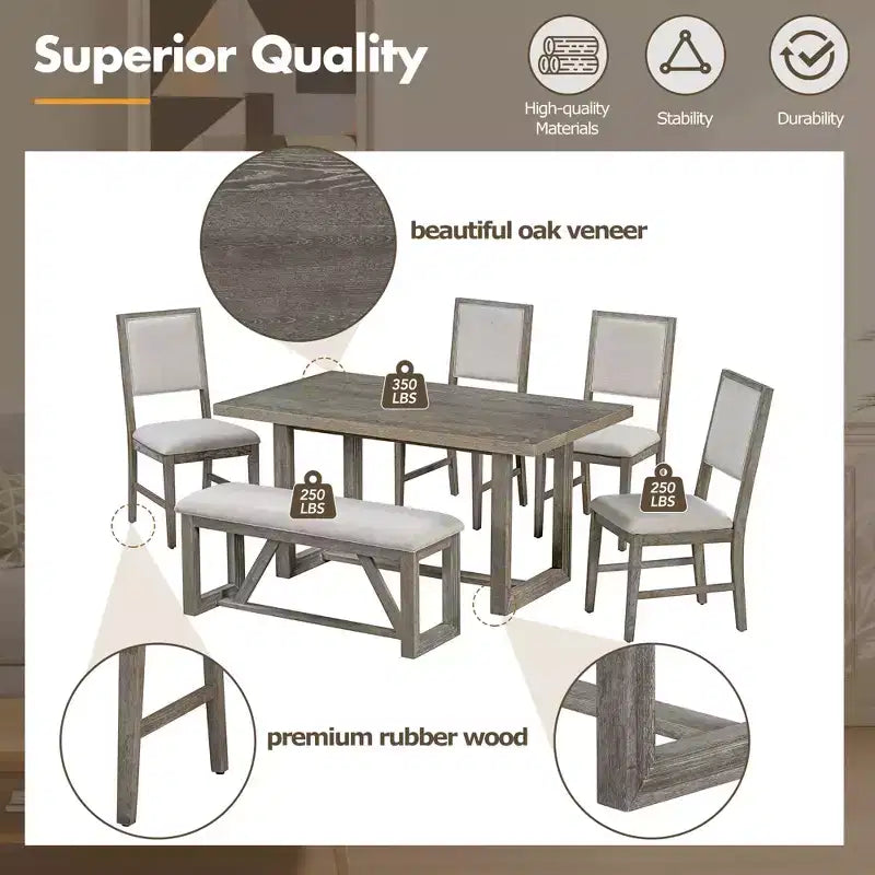 Set da pranzo rustico da 6 pezzi per 5 persone, set tavolo rettangolare con base a trapezio e 4 sedie imbottite e panca per sala da pranzo