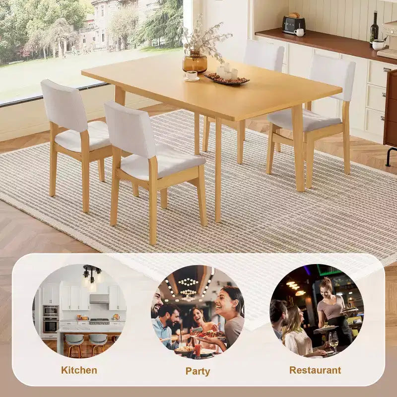 Set da pranzo moderno 5 pezzi GDFStudio Crawford - Tavolo rettangolare in legno massello e sedie in lino imbottite