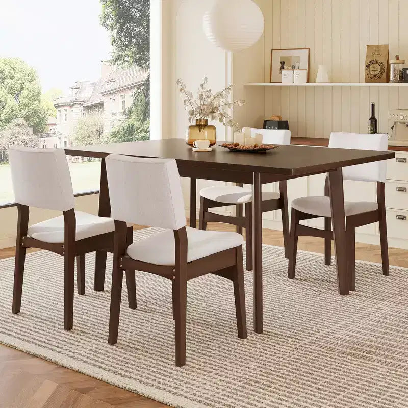 Set da pranzo moderno 5 pezzi GDFStudio Crawford - Tavolo rettangolare in legno massello e sedie in lino imbottite