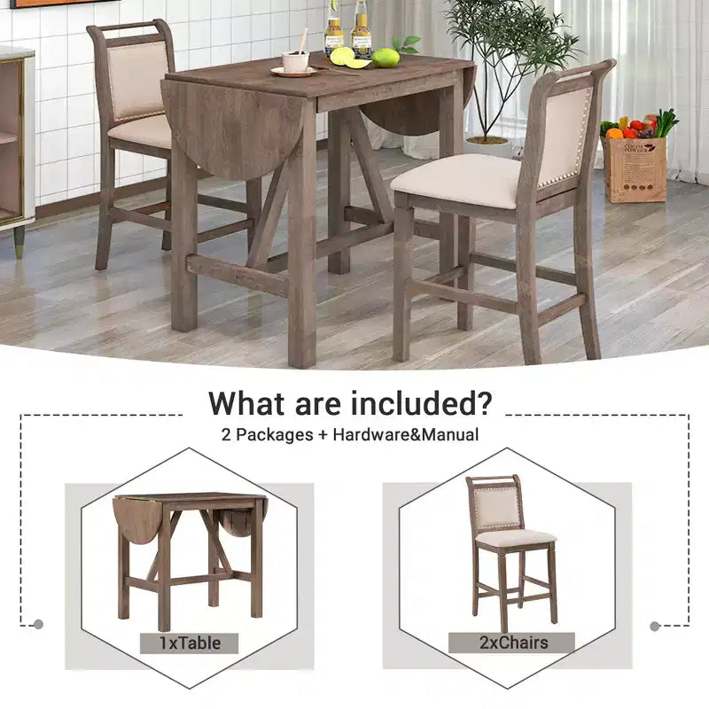 Set da pranzo pieghevole in legno da 3 pezzi con tavolo a ribalta e 2 sedie imbottite alte per piccoli spazi