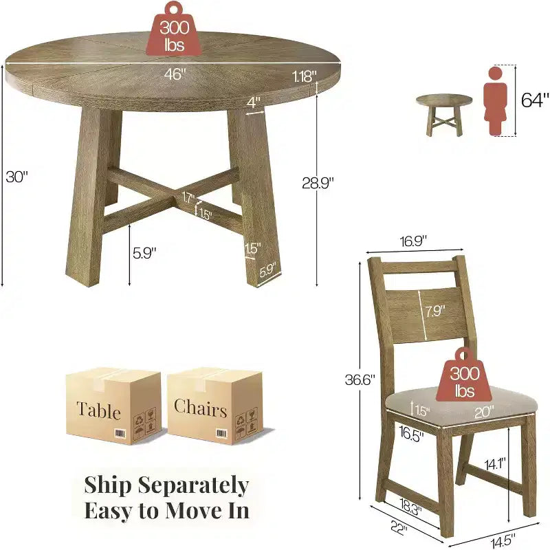 Set tavolo da pranzo rotondo in legno massello AMERLIFE per 4 persone, set da pranzo a 5 pezzi in stile metà secolo con sedie imbottite, design salvaspazio, montaggio facile