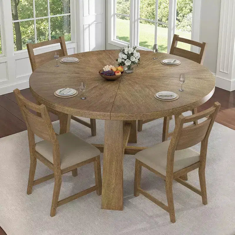 Set tavolo da pranzo rotondo in legno massello AMERLIFE per 4 persone, set da pranzo a 5 pezzi in stile metà secolo con sedie imbottite, design salvaspazio, montaggio facile