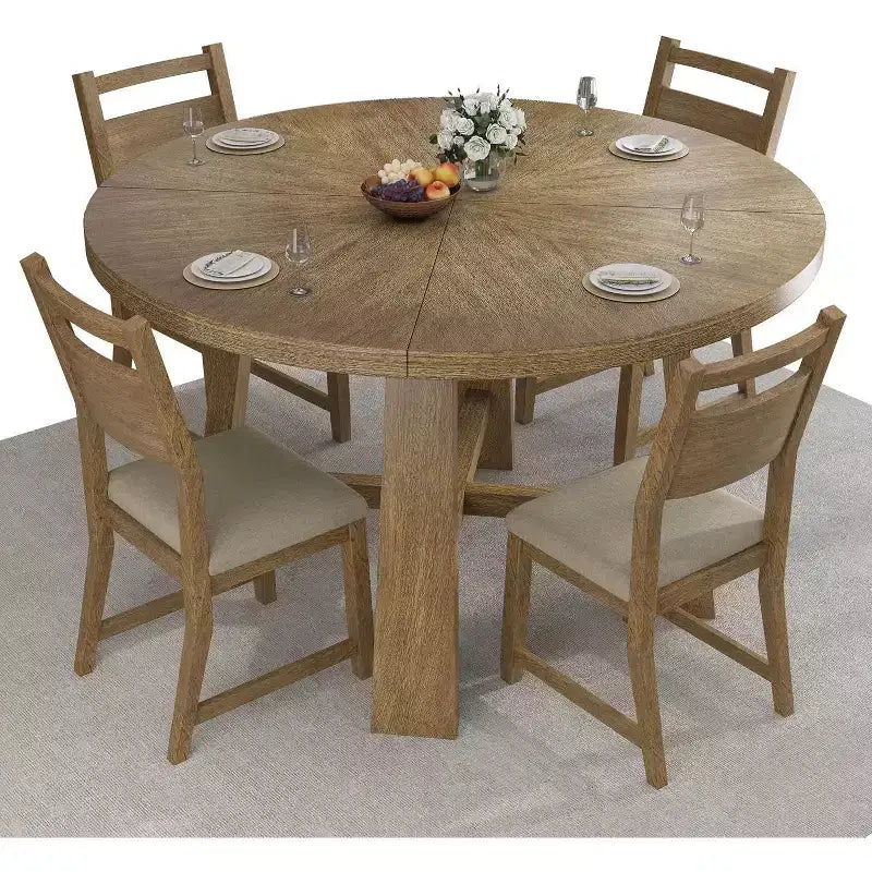 Set tavolo da pranzo rotondo in legno massello AMERLIFE per 4 persone, set da pranzo a 5 pezzi in stile metà secolo con sedie imbottite, design salvaspazio, montaggio facile