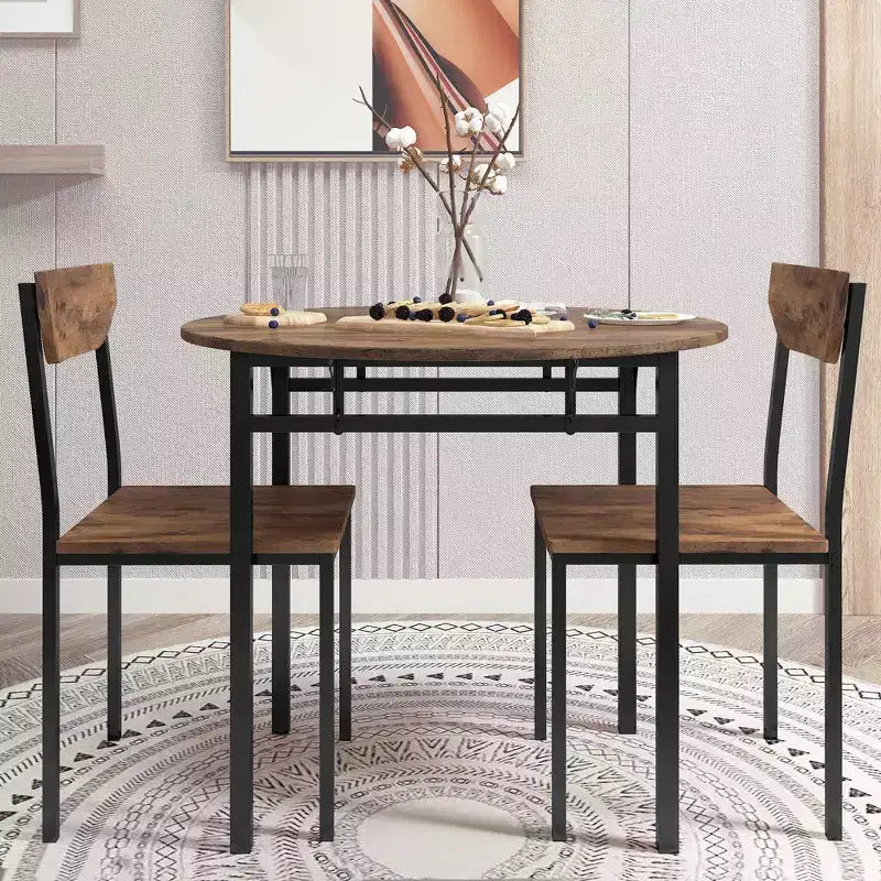 3 Pieces Metal Round Dining Table Set with Drop Leaf, Industrial style Kitchen Set with 2 Chairs for Small Places, Rustic Brown
