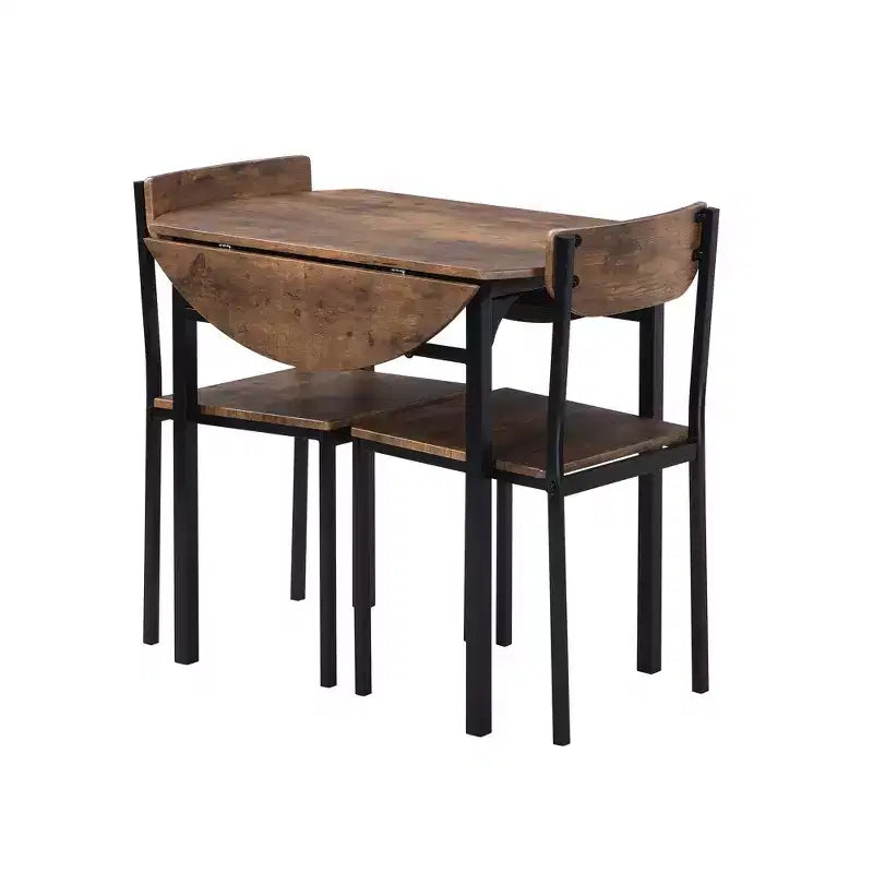 Set tavolo da pranzo rotondo in metallo da 3 pezzi con piano a ribalta, set da cucina in stile industriale con 2 sedie per piccoli spazi, marrone rustico