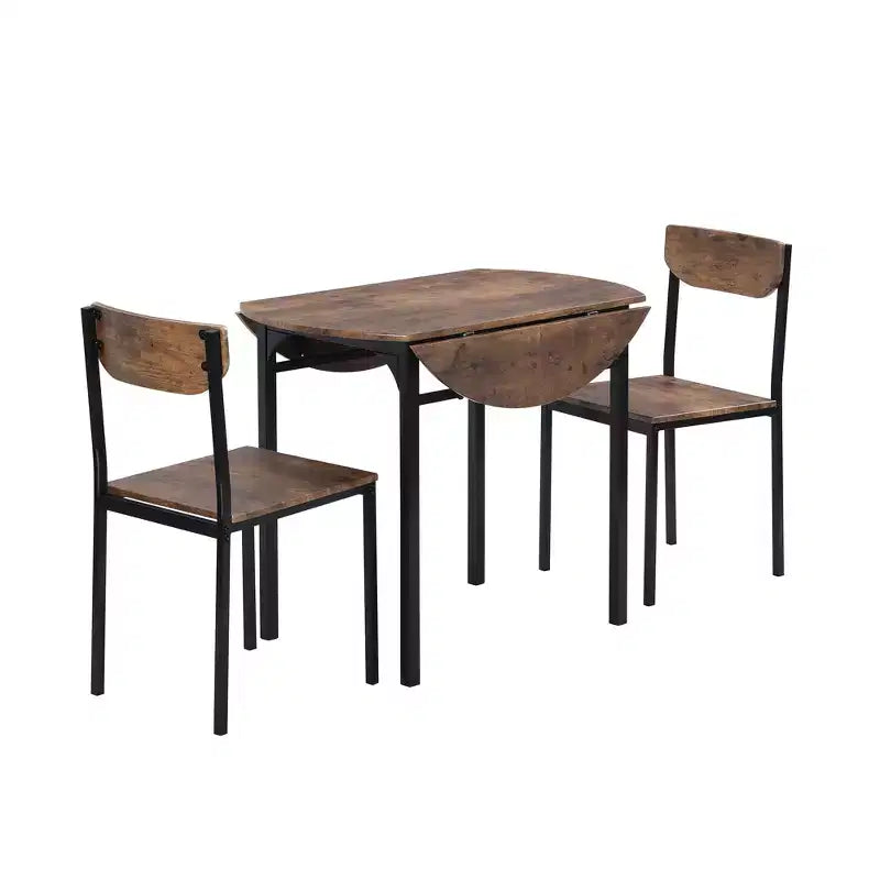Set tavolo da pranzo rotondo in metallo da 3 pezzi con piano a ribalta, set da cucina in stile industriale con 2 sedie per piccoli spazi, marrone rustico