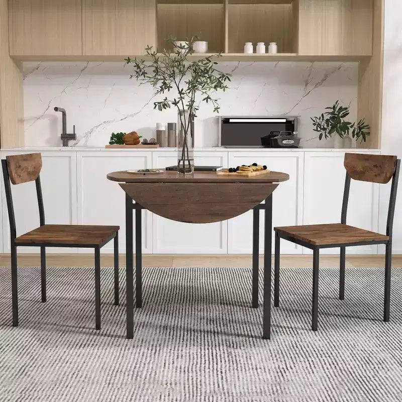 Set tavolo da pranzo rotondo in metallo da 3 pezzi con piano a ribalta, set da cucina in stile industriale con 2 sedie per piccoli spazi, marrone rustico
