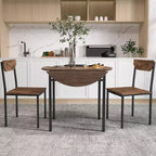 Set tavolo da pranzo rotondo in metallo da 3 pezzi con piano a ribalta, set da cucina in stile industriale con 2 sedie per piccoli spazi, marrone rustico