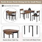 Set tavolo da pranzo rotondo in metallo da 3 pezzi con piano a ribalta, set da cucina in stile industriale con 2 sedie per piccoli spazi, marrone rustico