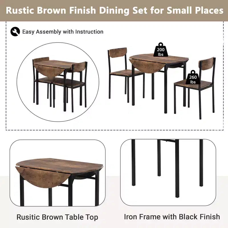 Set tavolo da pranzo rotondo in metallo da 3 pezzi con piano a ribalta, set da cucina in stile industriale con 2 sedie per piccoli spazi, marrone rustico