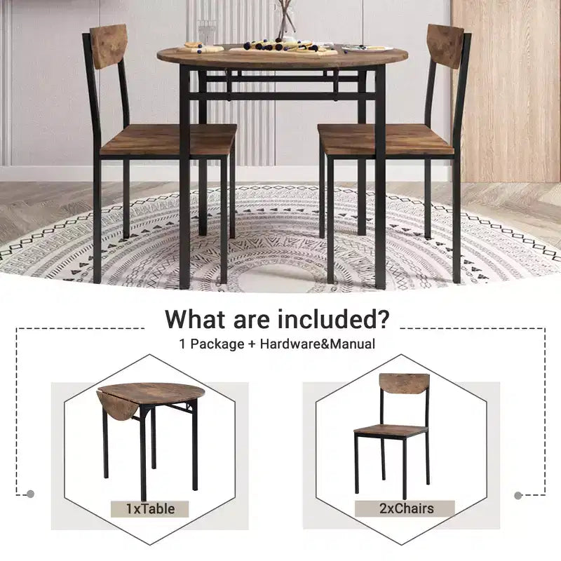 Set tavolo da pranzo rotondo in metallo da 3 pezzi con piano a ribalta, set da cucina in stile industriale con 2 sedie per piccoli spazi, marrone rustico