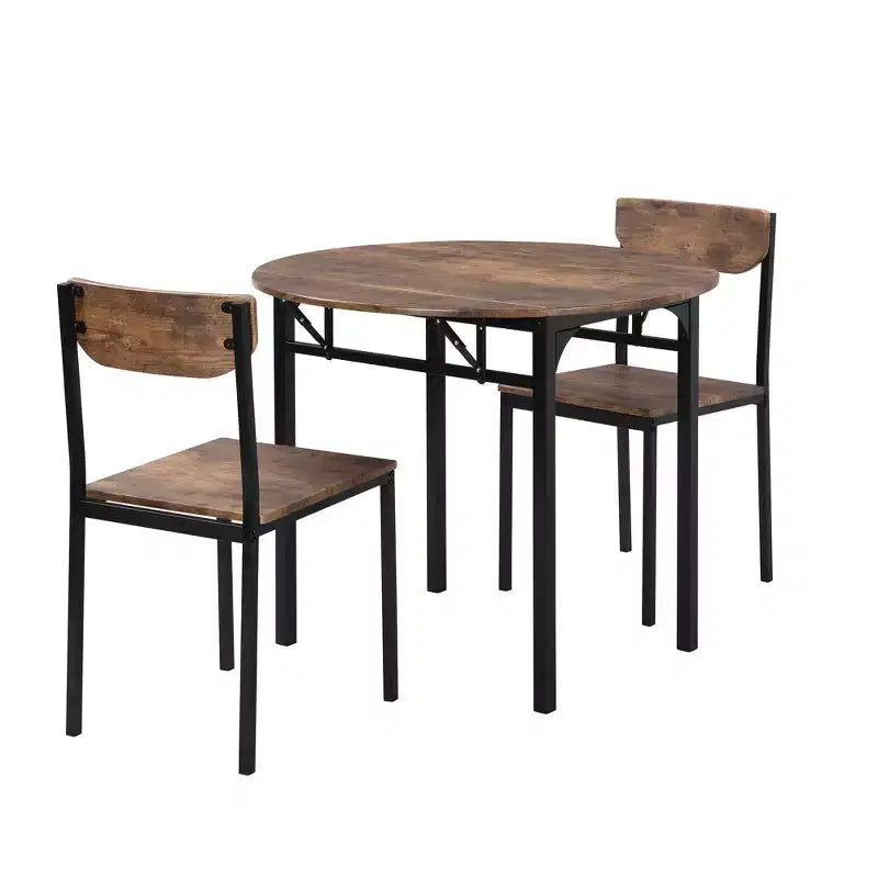 Set tavolo da pranzo rotondo in metallo da 3 pezzi con piano a ribalta, set da cucina in stile industriale con 2 sedie per piccoli spazi, marrone rustico