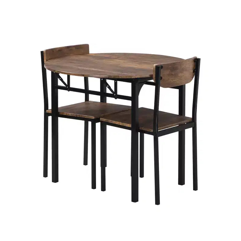 Set tavolo da pranzo rotondo in metallo da 3 pezzi con piano a ribalta, set da cucina in stile industriale con 2 sedie per piccoli spazi, marrone rustico