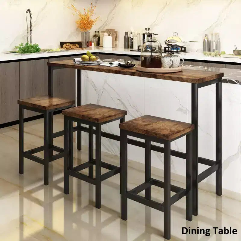 Set tavolo da pranzo altezza bancone per 3 persone, set da cucina stile pub in metallo con tavolino laterale, poggiapiedi e 3 sgabelli