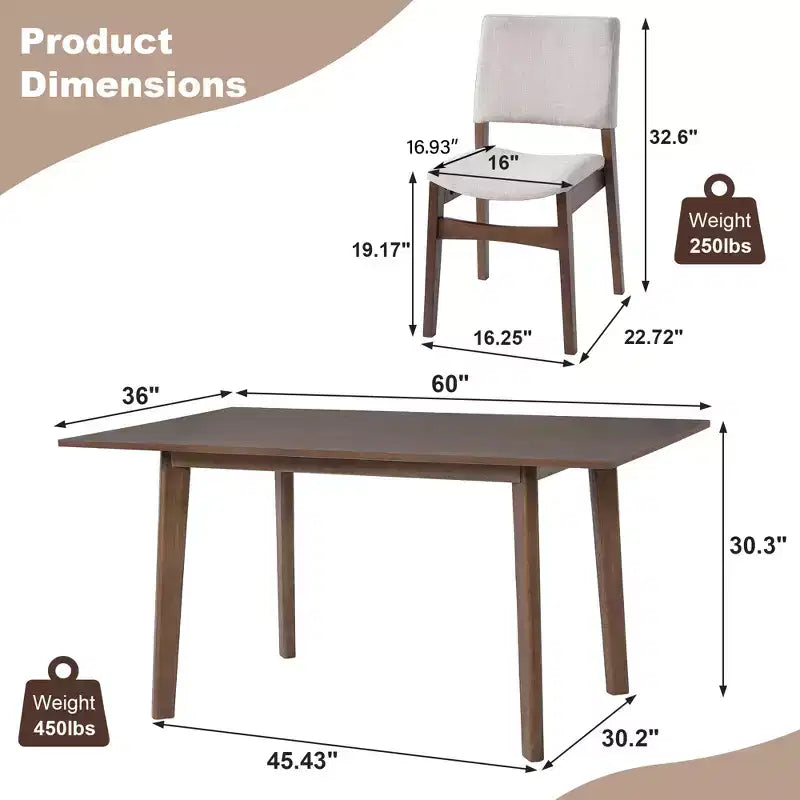 Set da pranzo Polibi Modern a 5 pezzi con tavolo in legno massello e 4 sedie imbottite in lino