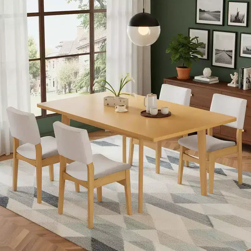 Set da pranzo Polibi Modern a 5 pezzi con tavolo in legno massello e 4 sedie imbottite in lino