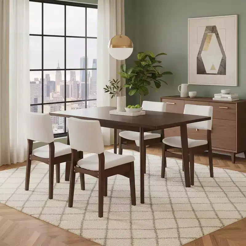 Set da pranzo Polibi Modern a 5 pezzi con tavolo in legno massello e 4 sedie imbottite in lino