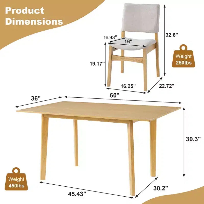 Set da pranzo Polibi Modern a 5 pezzi con tavolo in legno massello e 4 sedie imbottite in lino