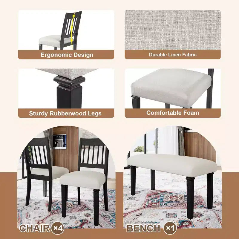Set da pranzo retro 6 pezzi GDFStudio Griffin con tavolo rettangolare in legno, 4 sedie e panca
