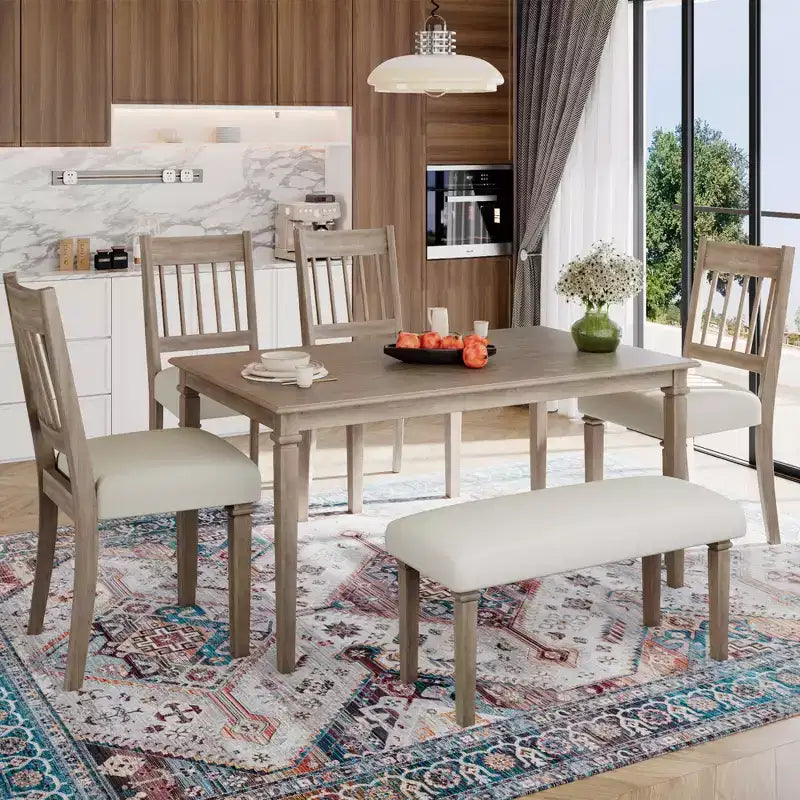 Set da pranzo retro 6 pezzi GDFStudio Griffin con tavolo rettangolare in legno, 4 sedie e panca