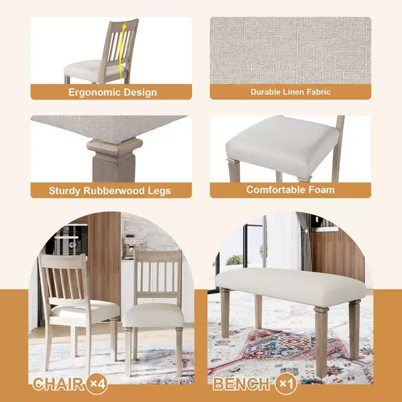 Set da pranzo retro 6 pezzi GDFStudio Griffin con tavolo rettangolare in legno, 4 sedie e panca