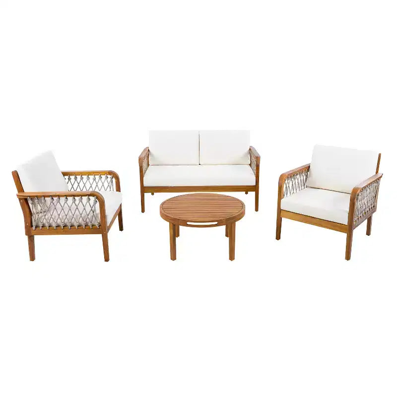 Set da esterno 4 pezzi Christopher Knight Home Yuna in stile rustico in legno di acacia con tavolo rotondo a doghe