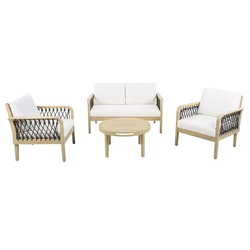 Set da esterno 4 pezzi Christopher Knight Home Yuna in stile rustico in legno di acacia con tavolo rotondo a doghe
