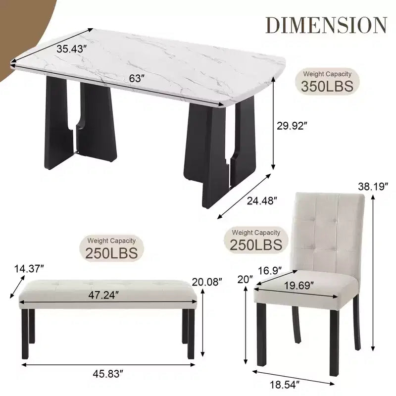 GDFStudio Griffin Set da Pranzo Moderno da 6 Pezzi con Tavolo Effetto Marmo da 63", 4 Sedie e 1 Panca