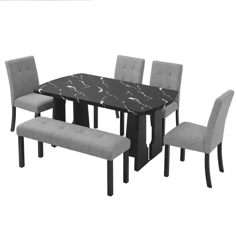 GDFStudio Griffin Set da Pranzo Moderno da 6 Pezzi con Tavolo Effetto Marmo da 63", 4 Sedie e 1 Panca