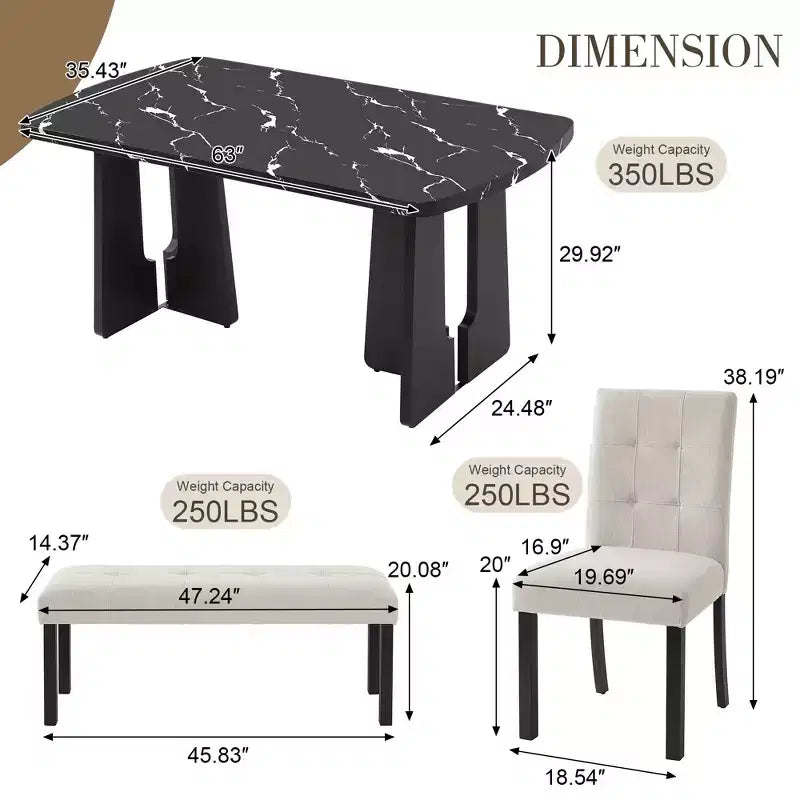 GDFStudio Griffin Set da Pranzo Moderno da 6 Pezzi con Tavolo Effetto Marmo da 63", 4 Sedie e 1 Panca