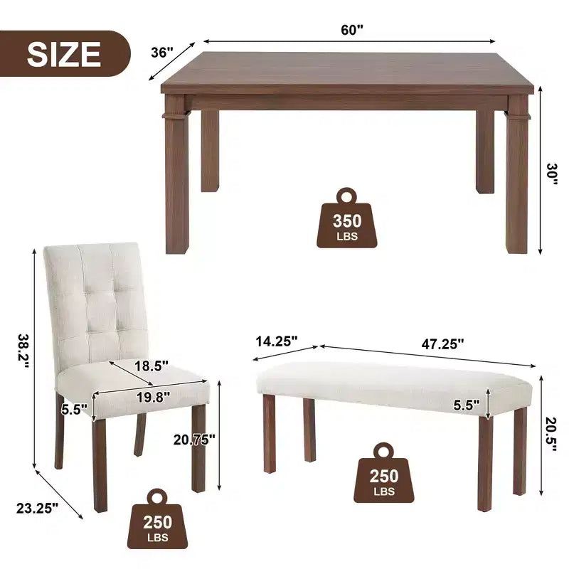Set da pranzo moderno GDFStudio Jordan da 6 pezzi con tavolo rettangolare, 4 sedie imbottite e panca
