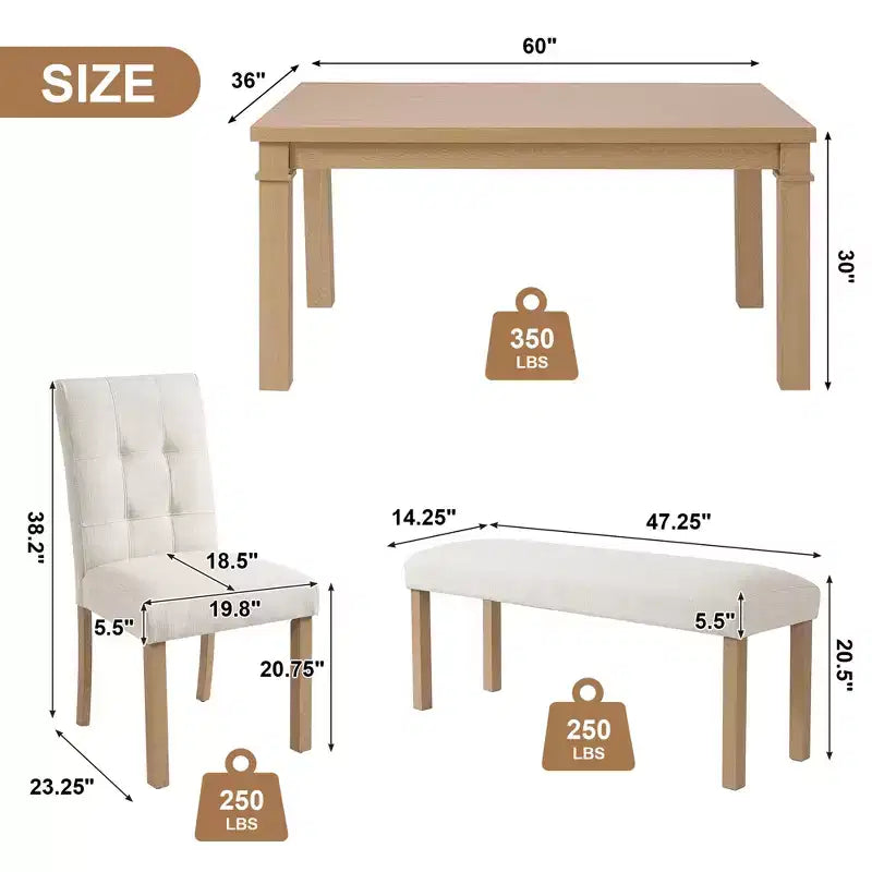 Set da pranzo moderno GDFStudio Jordan da 6 pezzi con tavolo rettangolare, 4 sedie imbottite e panca