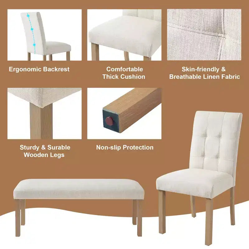 Set da pranzo moderno GDFStudio Jordan da 6 pezzi con tavolo rettangolare, 4 sedie imbottite e panca
