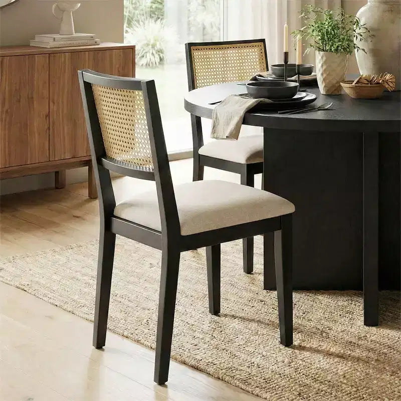 Set tavolo da pranzo rotondo da 52" con base a piedistallo scultorea, sedie con schienale in paglia di Vienna e sedute con rivestimento neutro per case moderne - Panipeachy