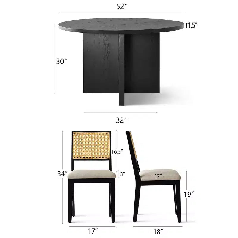 Set tavolo da pranzo rotondo da 52" con base a piedistallo scultorea, sedie con schienale in paglia di Vienna e sedute con rivestimento neutro per case moderne - Panipeachy