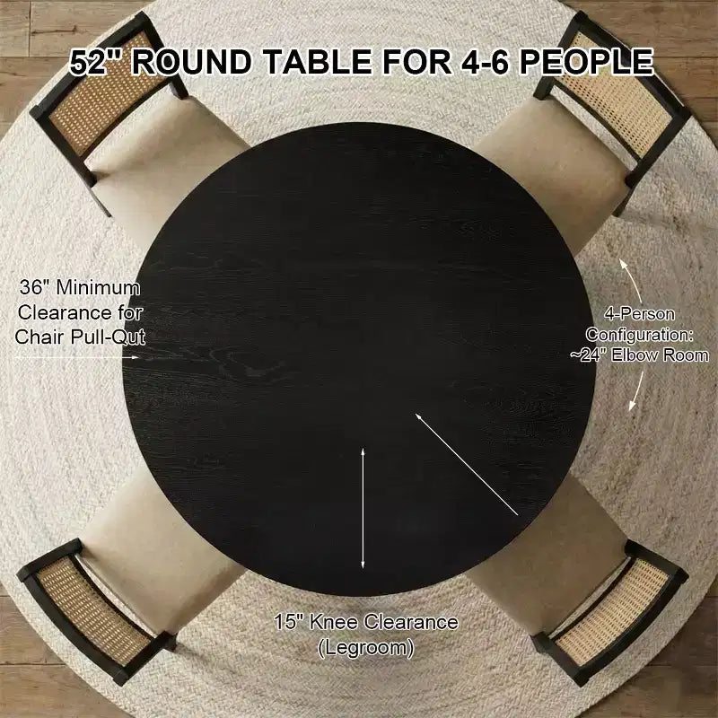 Set tavolo da pranzo rotondo da 52" con base a piedistallo scultorea, sedie con schienale in paglia di Vienna e sedute con rivestimento neutro per case moderne - Panipeachy