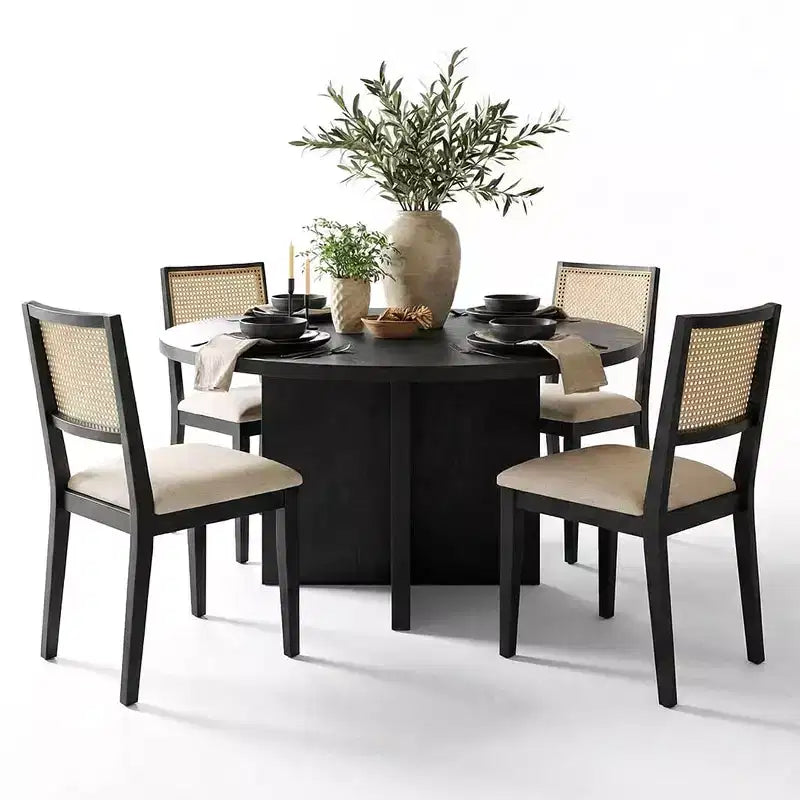 Set tavolo da pranzo rotondo da 52" con base a piedistallo scultorea, sedie con schienale in paglia di Vienna e sedute con rivestimento neutro per case moderne - Panipeachy