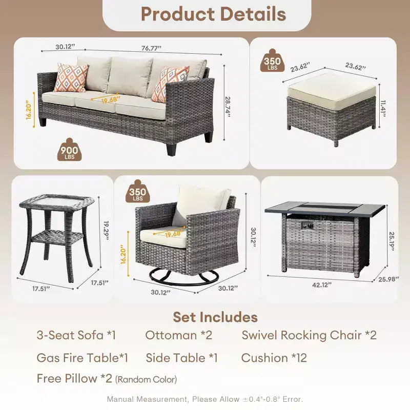 Set da 7 pezzi HOMLUX con sedie girevoli da patio e tavolo braciere, resistente agli agenti atmosferici
